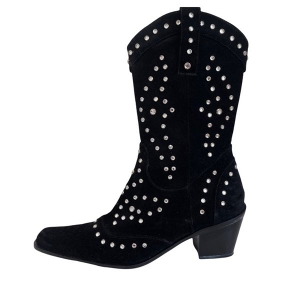 Stuart Weizman Shoes - Stuart Weizman Hey Baby Black Suede Studded Cowboy Boots Size 8M